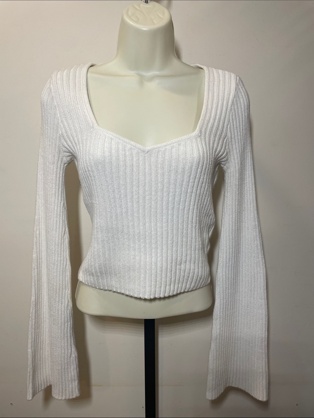Hollister White Ribbed Square-Neck Long Sleeve Knit Top